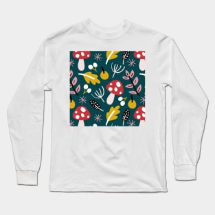 Leaves and mushroom pattern - red, yellow and pink on green Long Sleeve T-Shirt